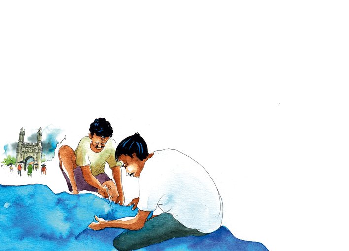 men making a raincoat out of a plastic sheet
