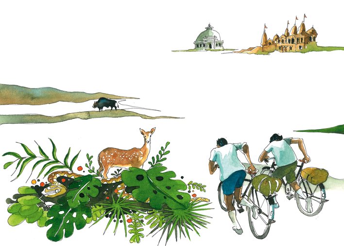 Two men running with their cycles