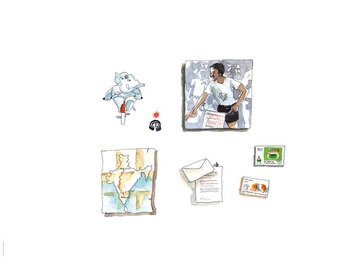 a collection of map, photo, letter, stamps, mascot