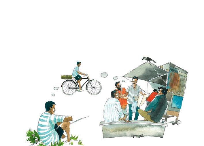 man cycling and near a tea stall
