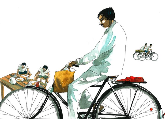 Man on a cycle in front of men eating breakfast