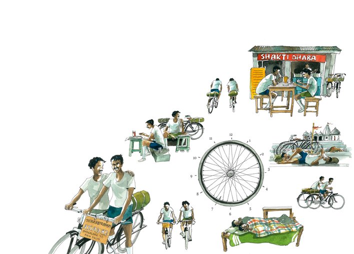 A bicycle wheel with objects around