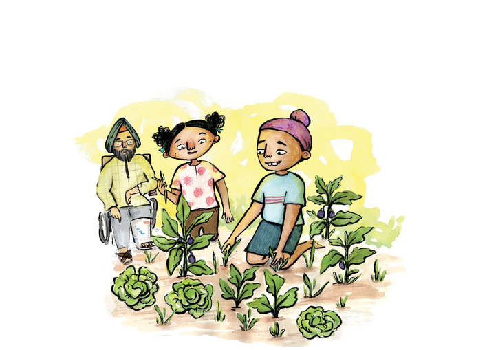 Grandfather is watching his children garden playing