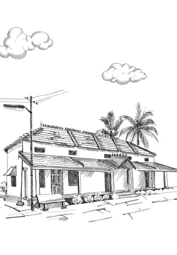 A house with coconut trees