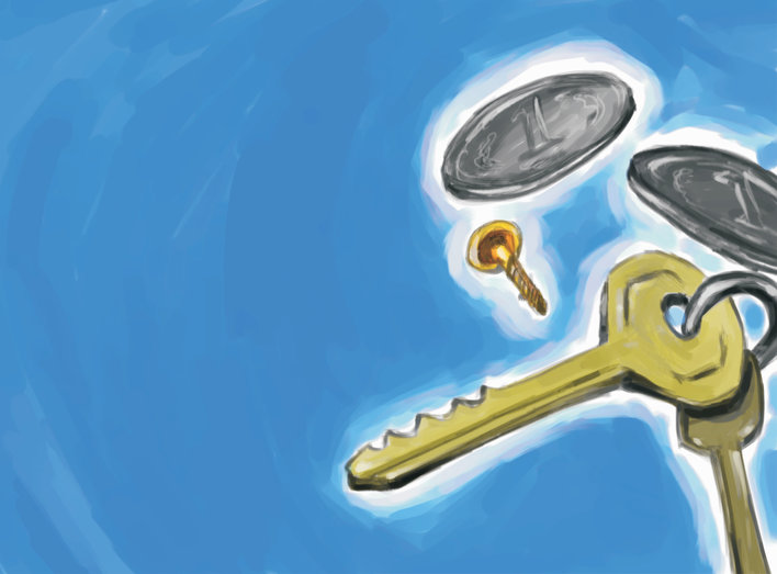 Keys, coins and screw