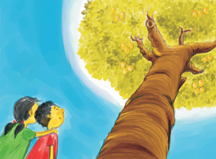 Boy and girl looking at big tree
