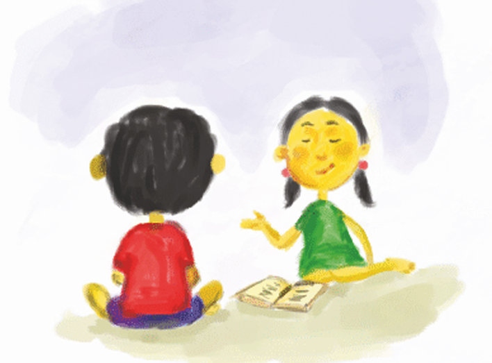 Girl reading and boy listening