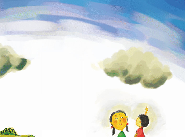 Boy pointing to the sky and girl watching