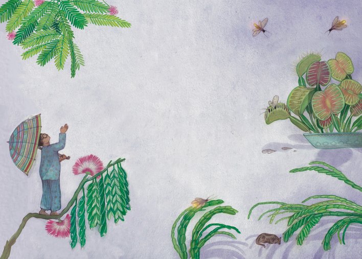 A girl holding an umbrella under a tree and surrounded by plants