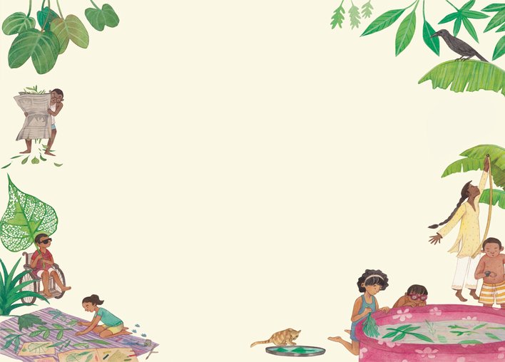 children around plants