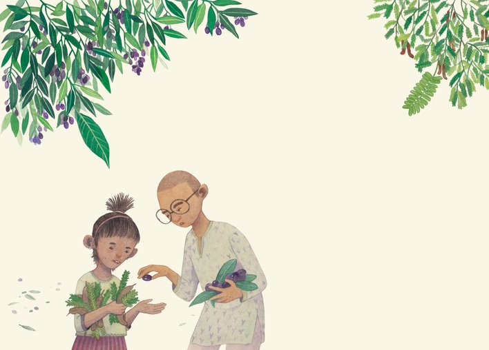 children collecting tamarinds and jamun