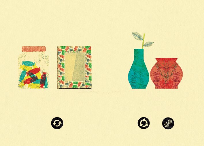 Recycled glass items like a vase and mirror