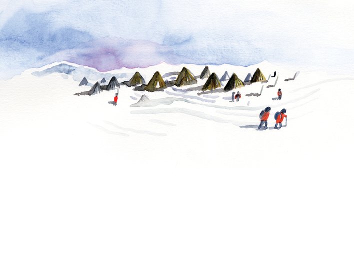 A camp with people walking around
