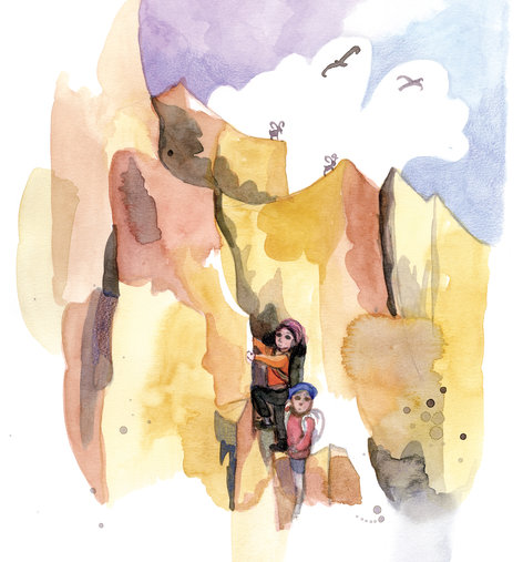 Two people climbing rocks
