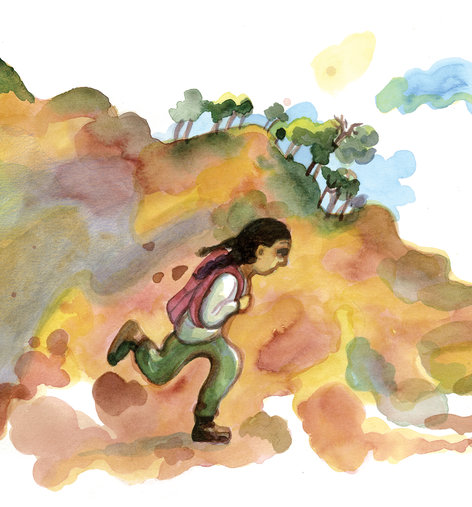 A girl running with a backpack