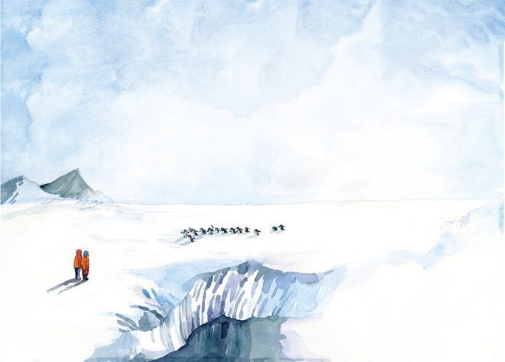 Two people and a group of penguins