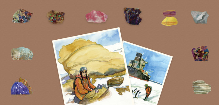 A woman kneeling by a rock