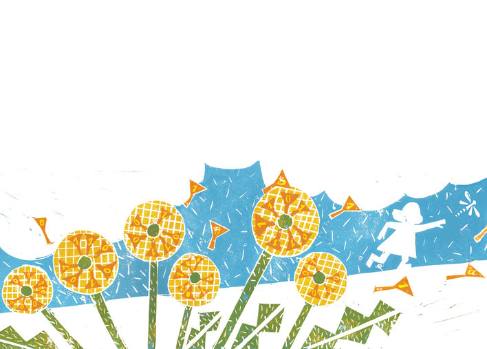 A child with dragonfly and dandelions