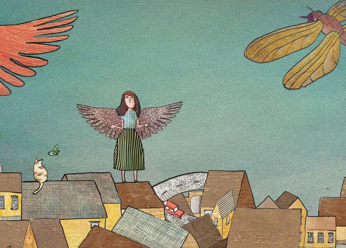 A girl with wings on a rooftop