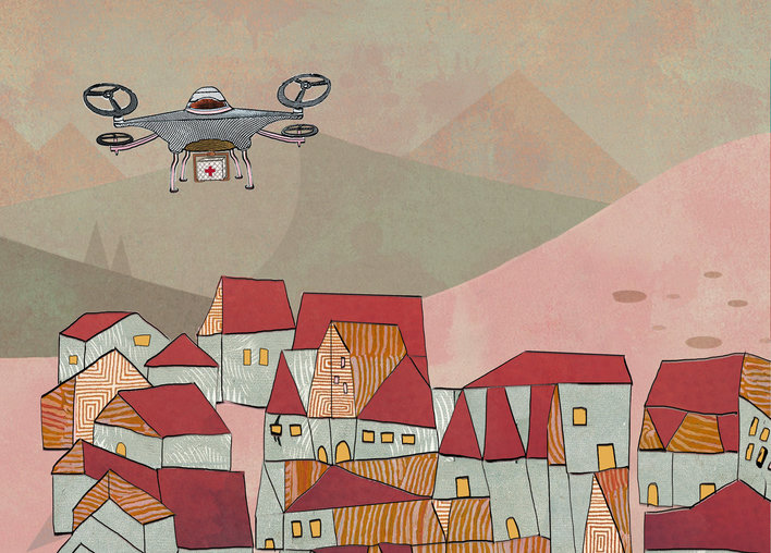 A drone flying over some buildings