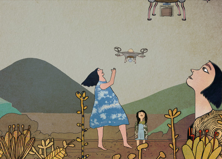 People looking up at drones