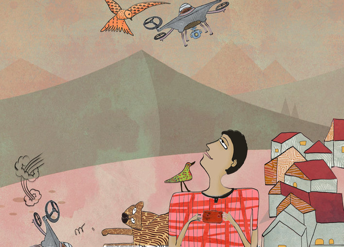 A man and a cat looking up at a bird and a drone