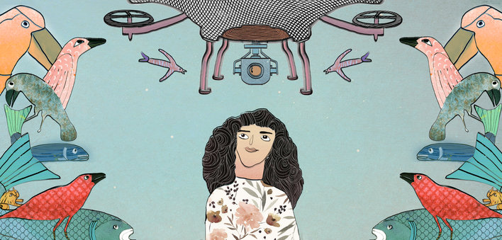 A girl surrounded by birds and animals