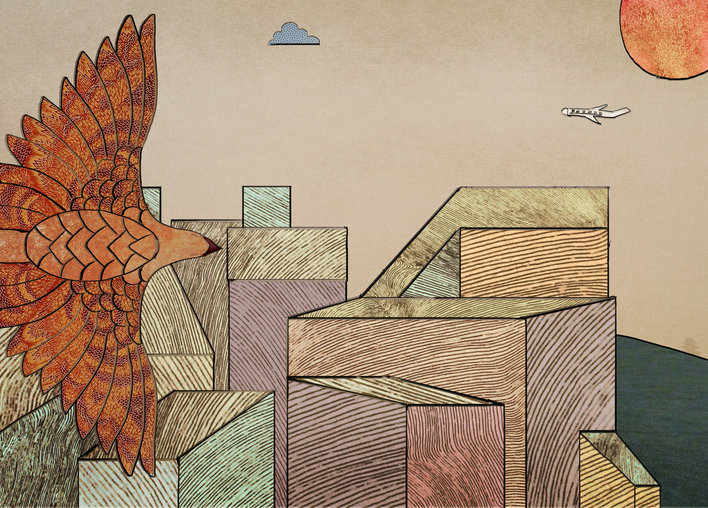 A bird flying over a row of houses