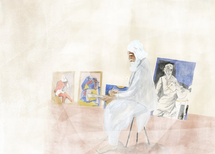 A man sitting and drawing
