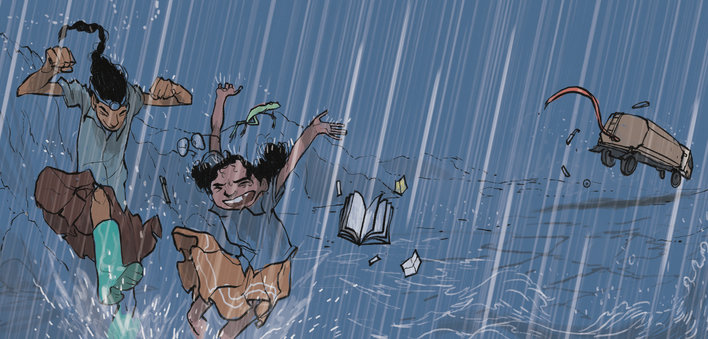 Girl jumping in rain water