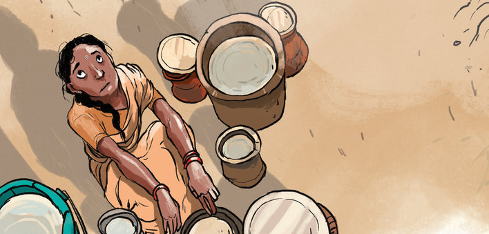 Woman with utensils around her