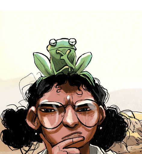 Girl with a frog on her head