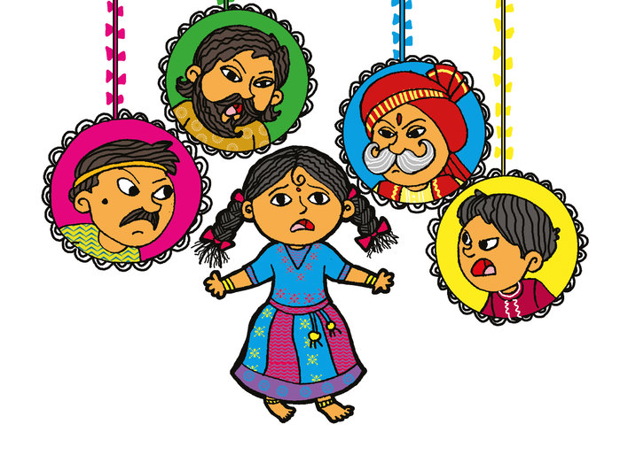 A scared girl being scolded by others in her village