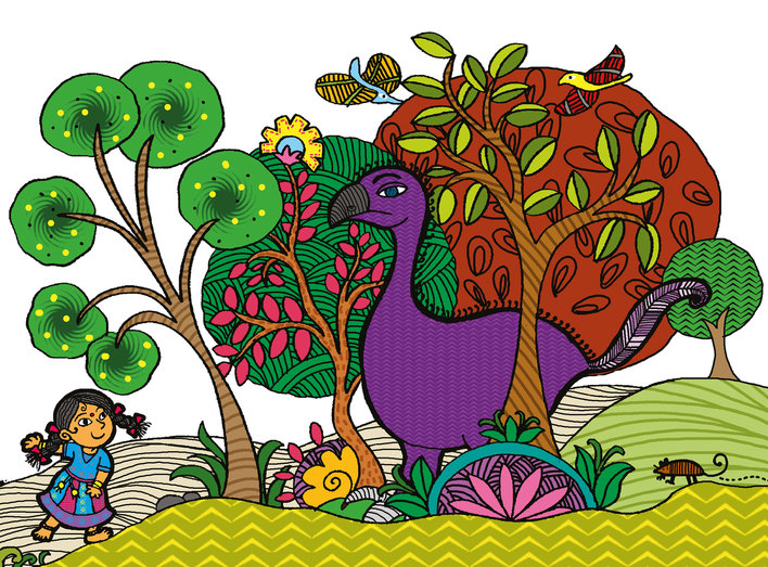 Girl and the elephant bird in a forest