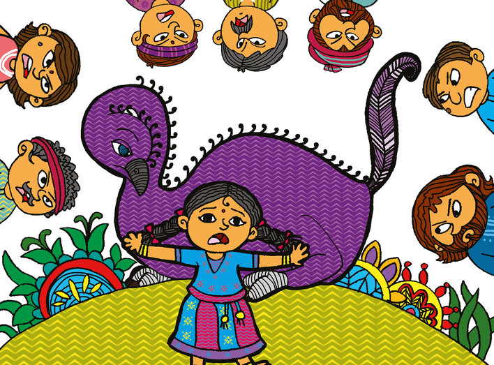A girl protecting the elephant bird from a group of men