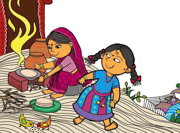 Girl and her mother who is cooking rotis