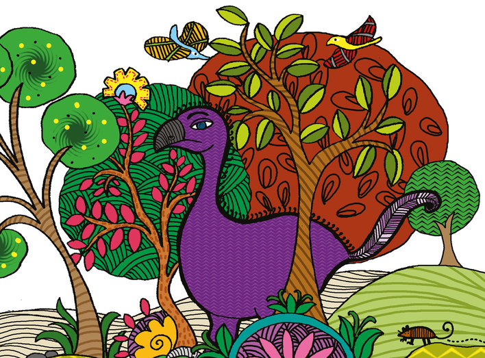 A large, purple bird in a lush forest