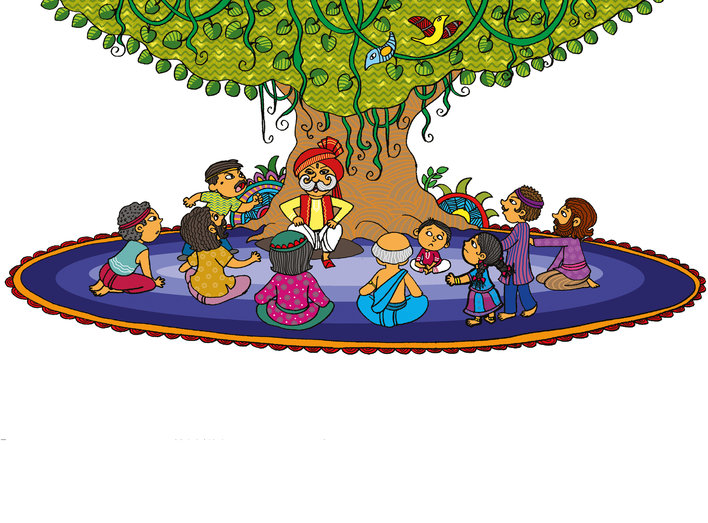 A group of villagers sitting under a banyan tree