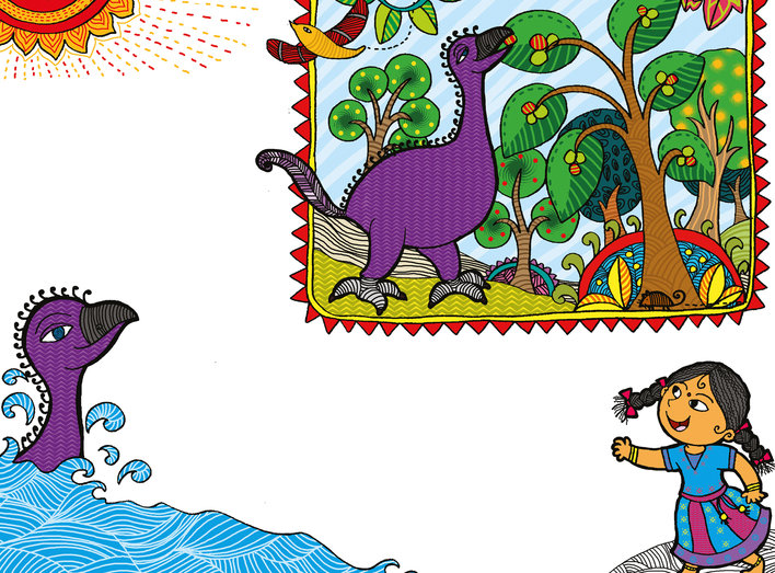 Girl calling out to the elephant bird which is splashing about in the sea