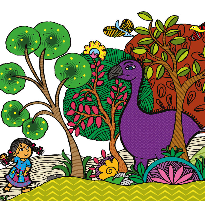 Girl and the elephant bird in a forest