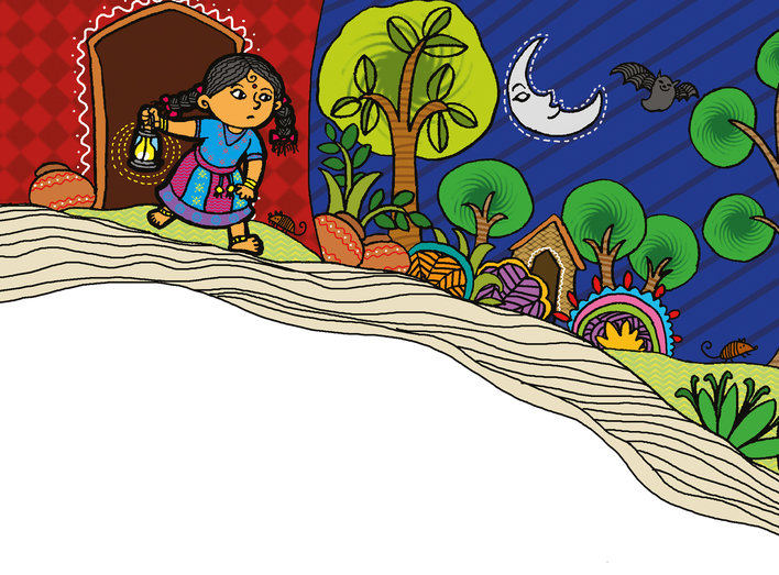 A young girl stepping out of home into the night