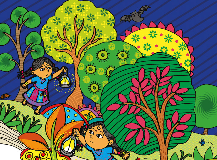 A girl in search of something in the forest at night