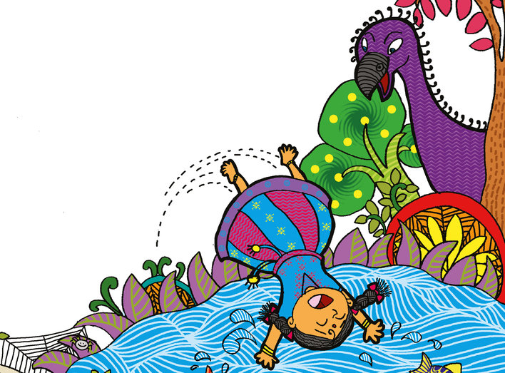 Girl jumping into the water as the magical bird watches