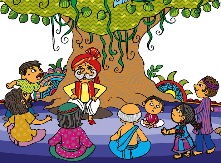 A group of people meet under a banyan tree