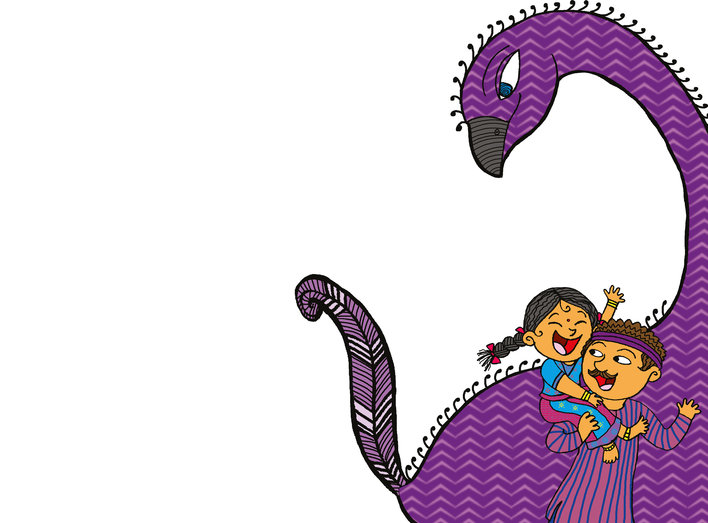A happy girl sitting on her father's shoulders, with a large purple bird behind them