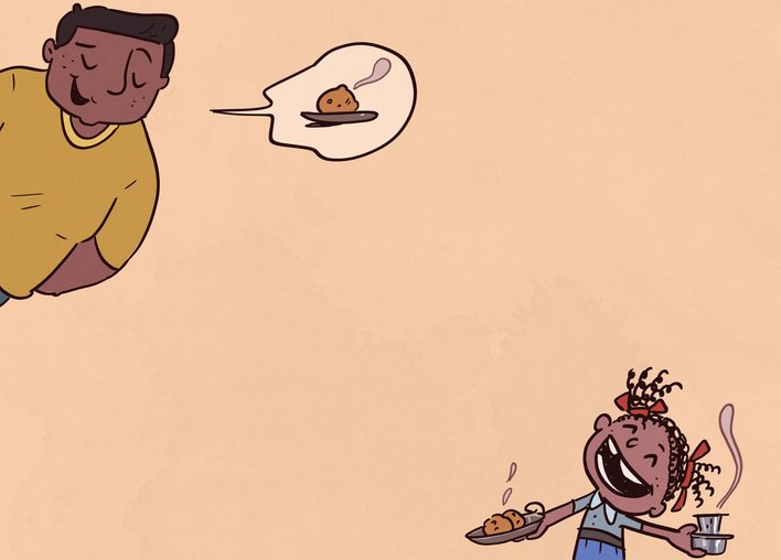 Man and a girl talking about food