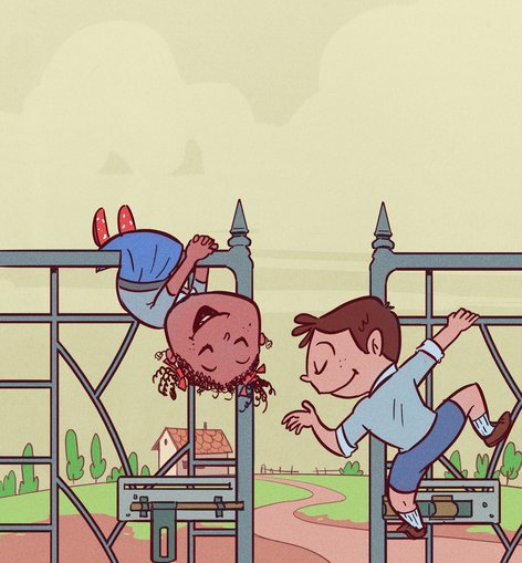 Two children swinging on a gate