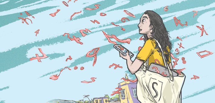 A girl with a device and floating numbers