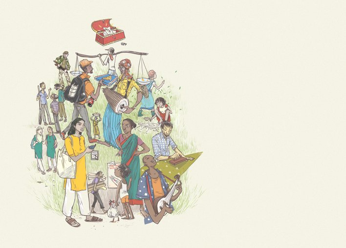 A group of people engaged in various trade