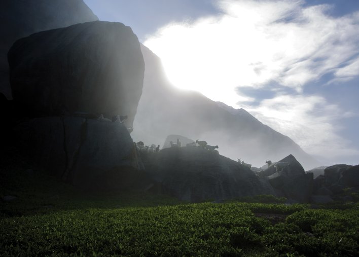 Morning sunrays through the rocks